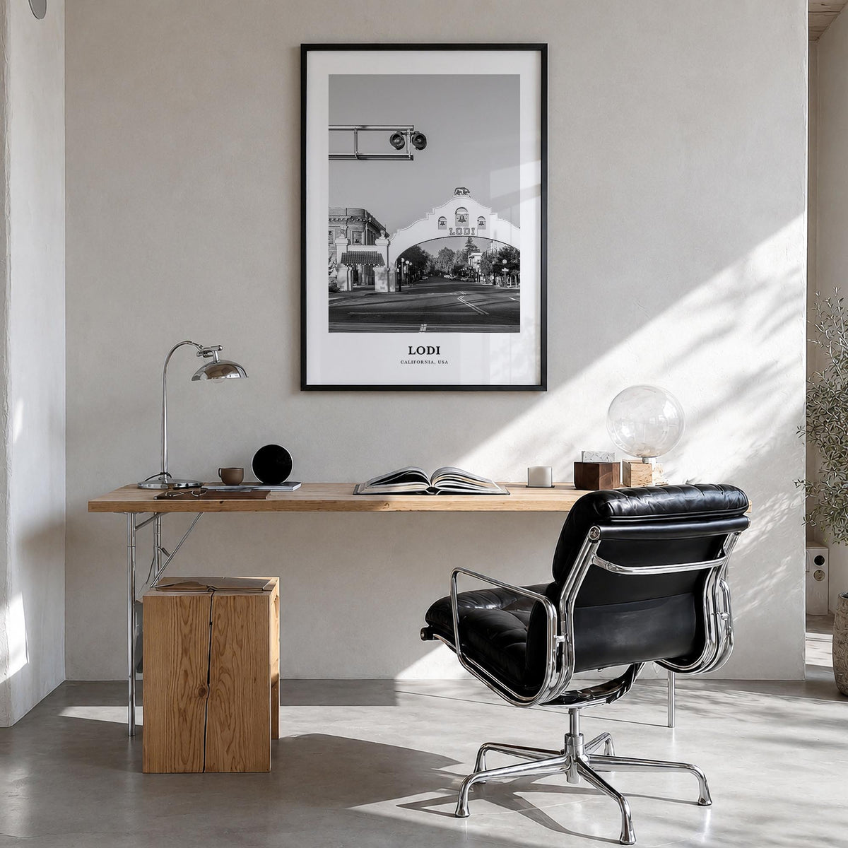 Lodi black & white classic poster of California, USA – vertical wall art in black wood frame, hanging on wall