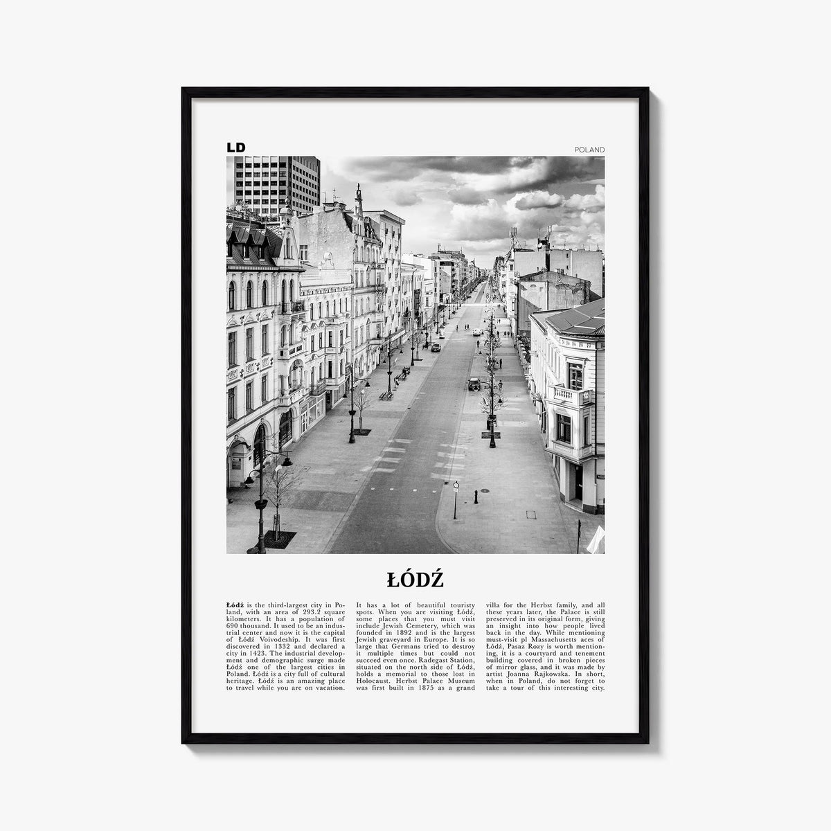Łódź black & white newspaper poster of Poland – vertical wall art, unframed print shown in interior mockup