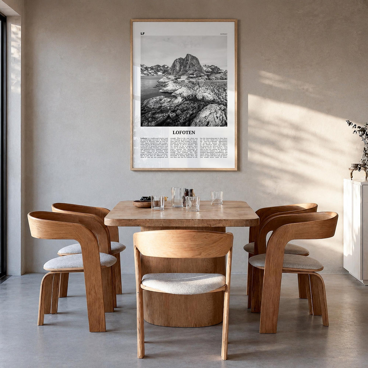 Lofoten black & white newspaper poster of Norway – vertical wall art in natural wood frame, hanging on wall