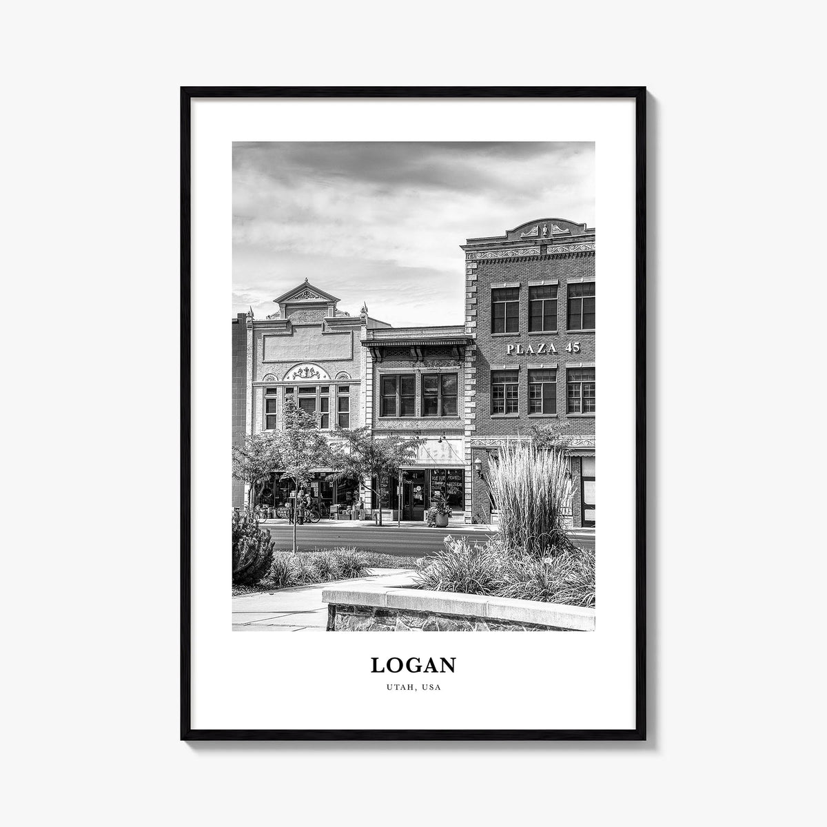 Logan black & white classic poster of Utah, USA – vertical wall art, unframed print shown in interior mockup