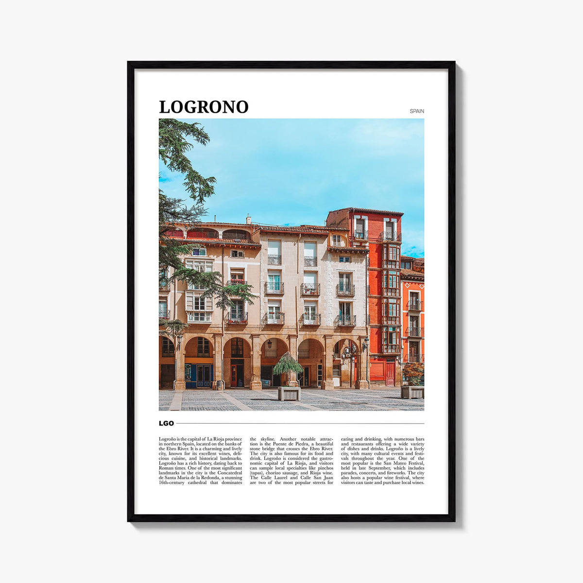 Logroño colorful travel poster of Spain – vertical wall art, unframed print shown in interior mockup