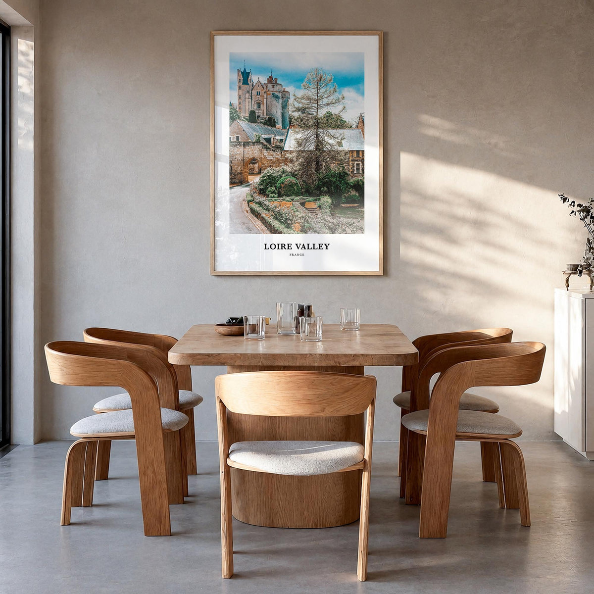 Loire Valley colorful classic poster of France – vertical wall art in natural wood frame, hanging on wall