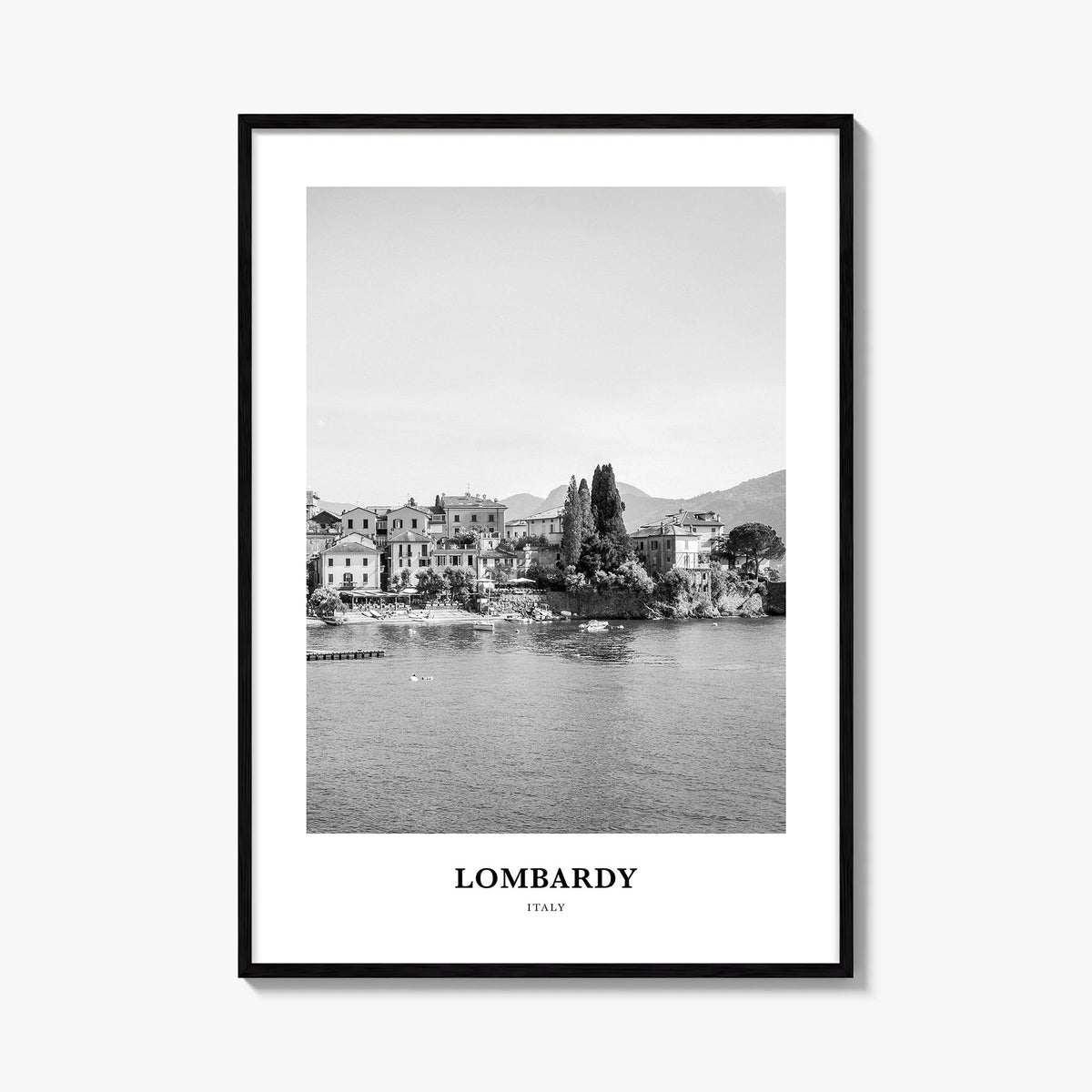 Lombardy black & white classic poster of Italy – vertical wall art, unframed print shown in interior mockup
