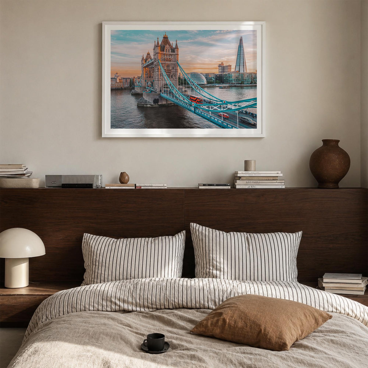 London colorful photo poster of England, UK – horizontal wall art in white wood frame with white border, hanging on wall