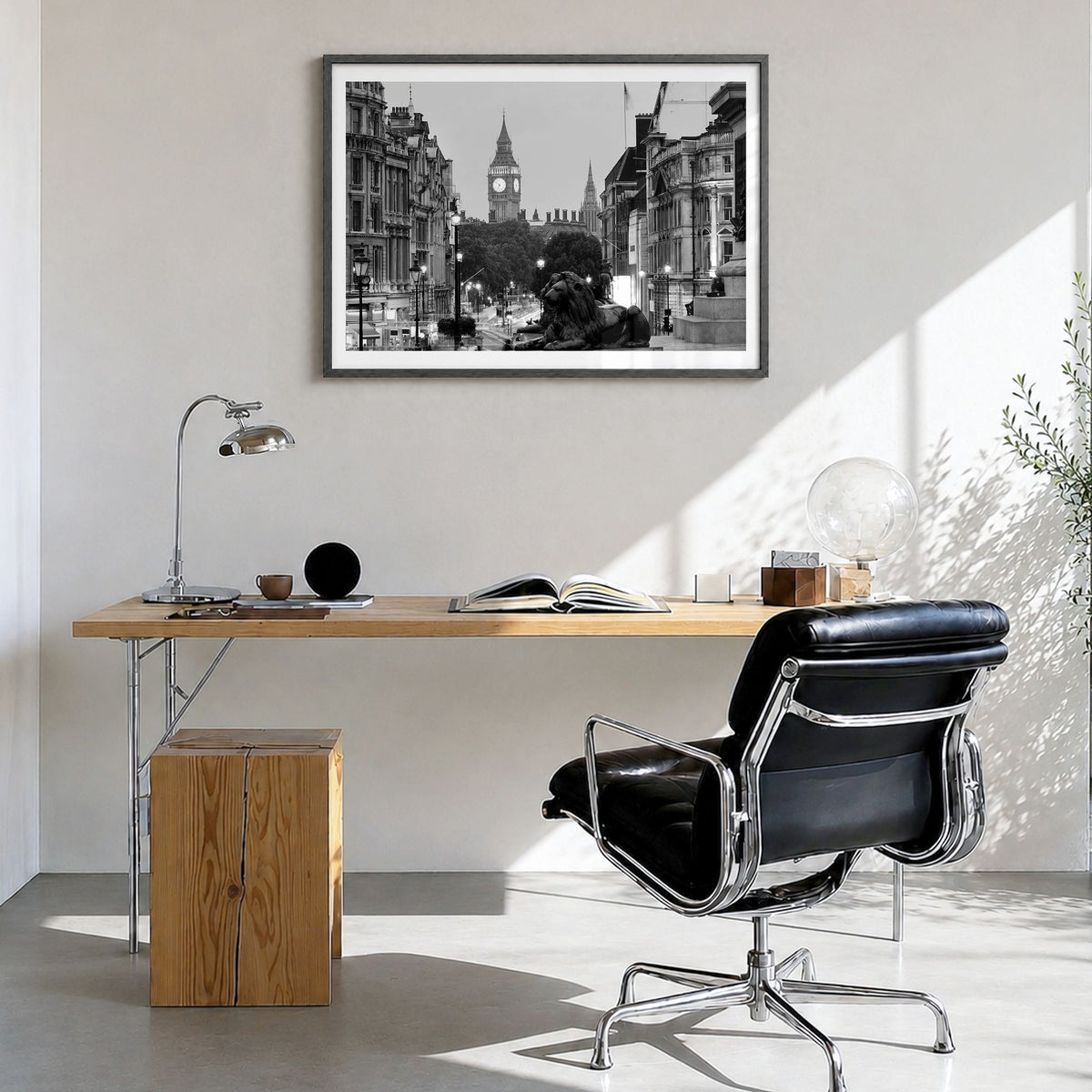 London Photo No 1 Poster in a black wood frame, hanging in a bright home office, white border