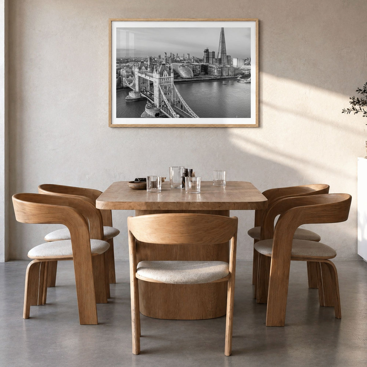 London Photo No 2 Poster in a natural wood frame, hanging in a dining room, white border