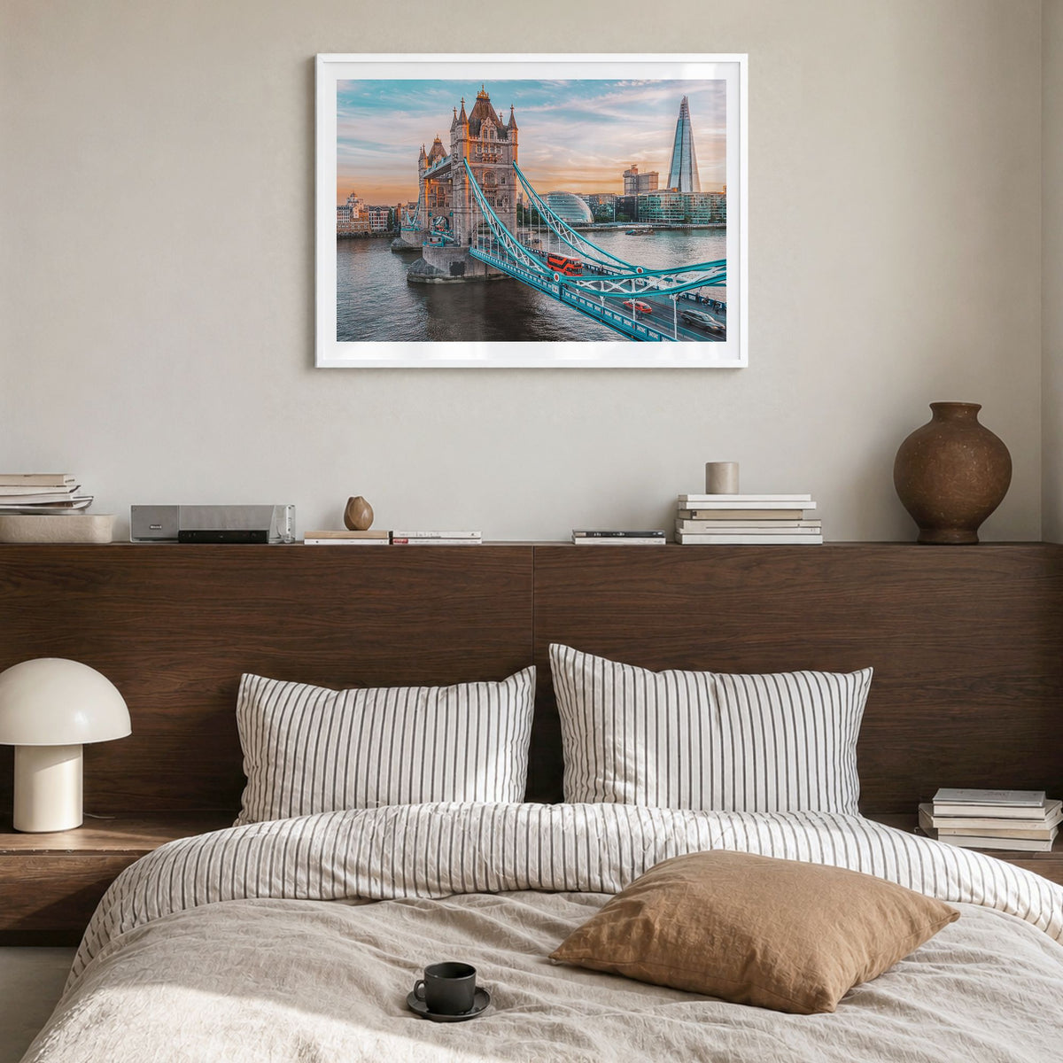 London Photo Poster in a white wood frame, hanging in a bedroom, white border