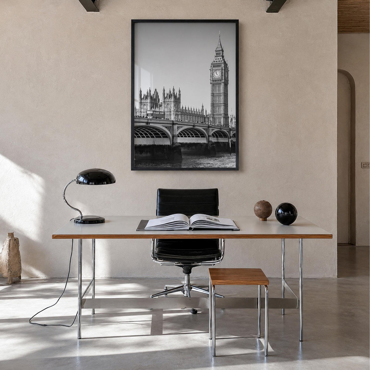 London no. 1 black & white photo poster of England, UK – vertical wall art in black wood frame, hanging on wall