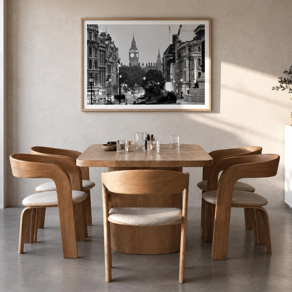 London no. 1 black & white photo poster of England, UK – horizontal wall art in natural wood frame with white border, hanging