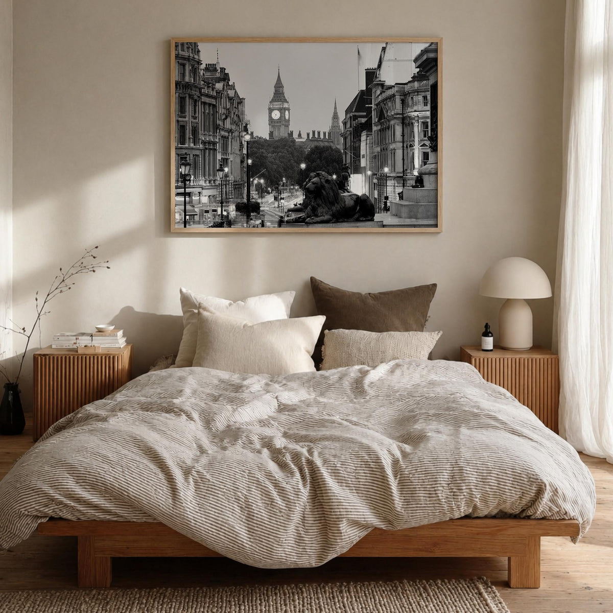 London no. 1 black & white photo poster of England, UK – horizontal wall art in natural wood frame, hanging on wall