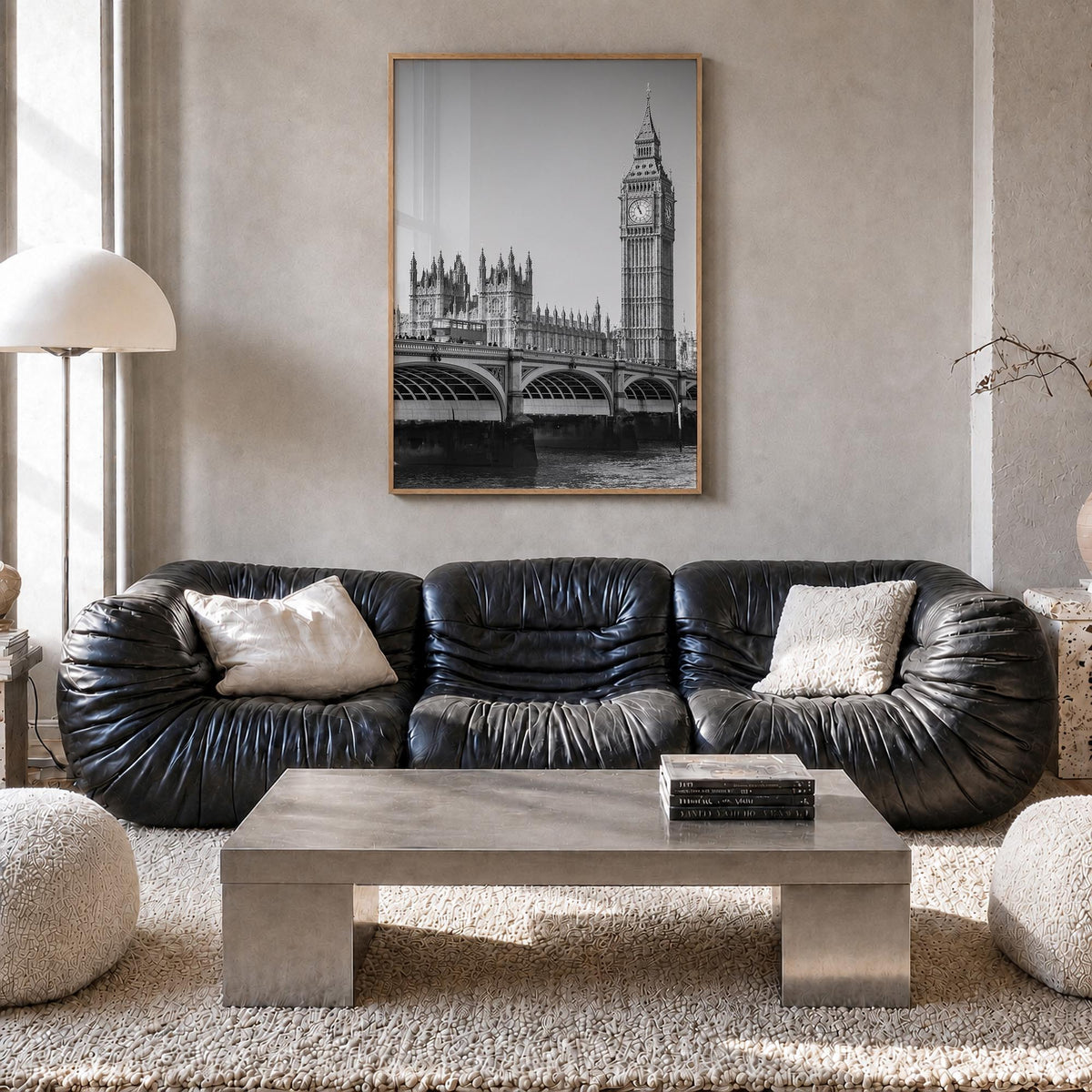 London no. 1 black & white photo poster of England, UK – vertical wall art in natural wood frame, hanging on wall