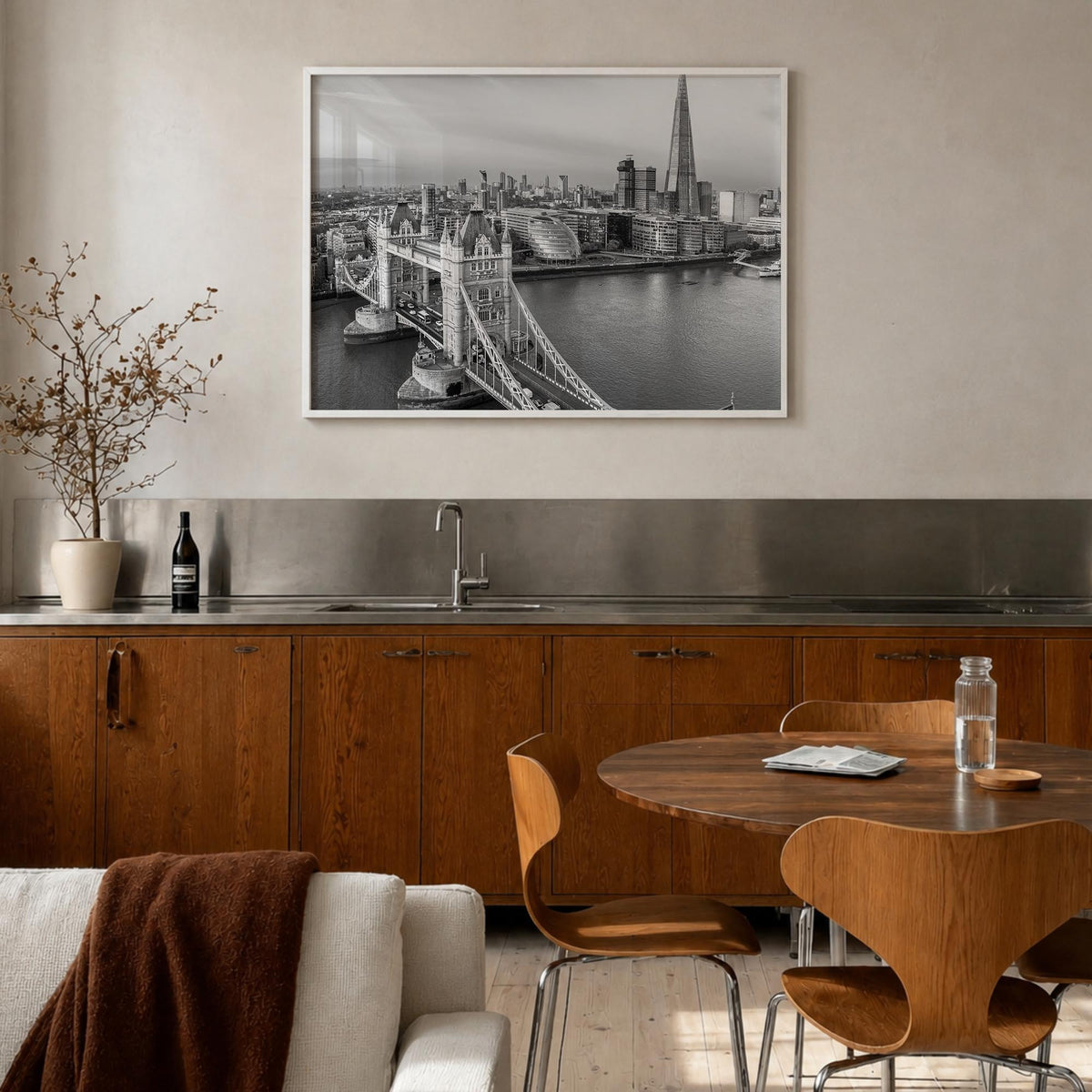 London no. 2 black & white photo poster of England, UK – horizontal wall art in white wood frame, hanging on wall
