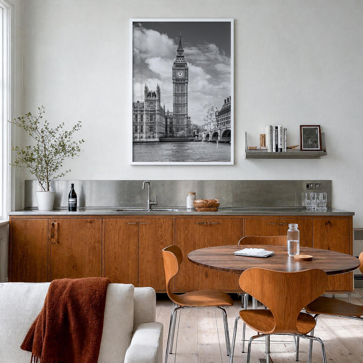 London no. 2 black & white photo poster of England, UK – vertical wall art in white wood frame, hanging on wall
