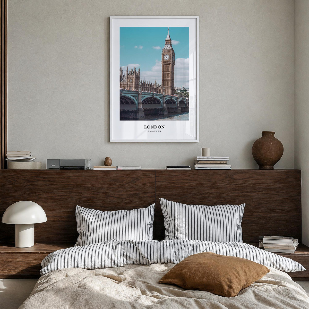 London no. 2 colorful classic poster of England, UK – vertical wall art in white wood frame, hanging on wall