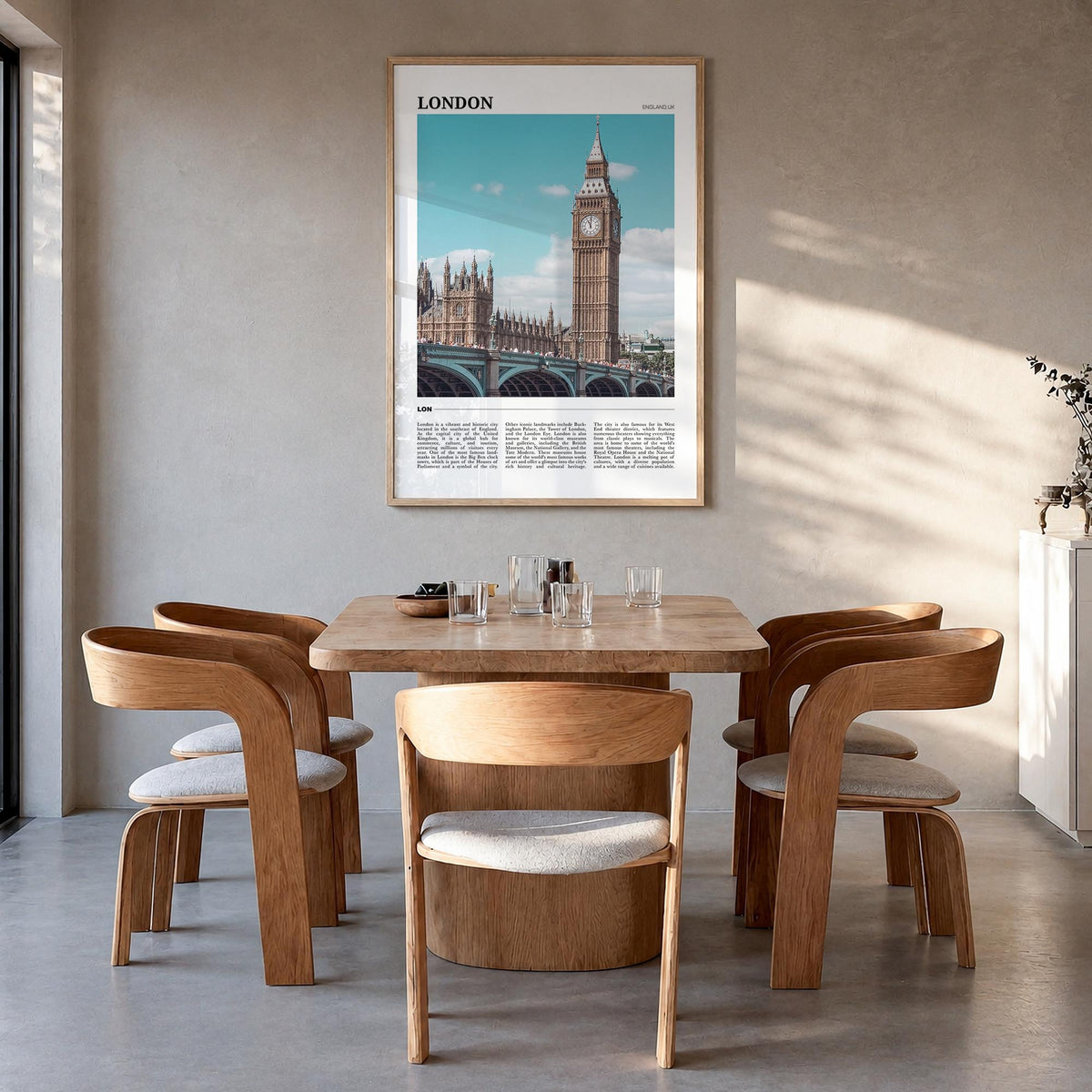 London no. 2 colorful travel poster of England, UK – vertical wall art in natural wood frame, hanging on wall