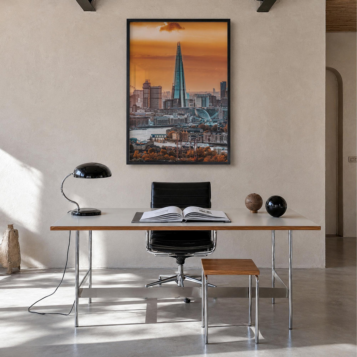 London no. 3 colorful photo poster of England, UK – vertical wall art in black wood frame, hanging on wall
