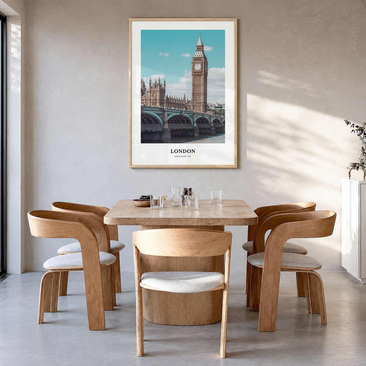 London Classic No 2 Poster in a natural wood frame, hanging in a dining room