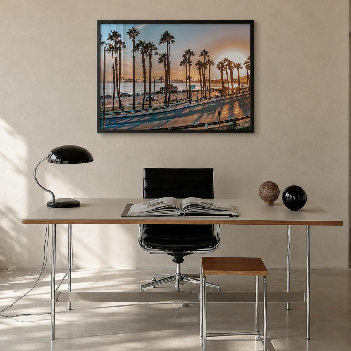 Long Beach colorful photo poster of California, USA – horizontal wall art in black wood frame, hanging on wall