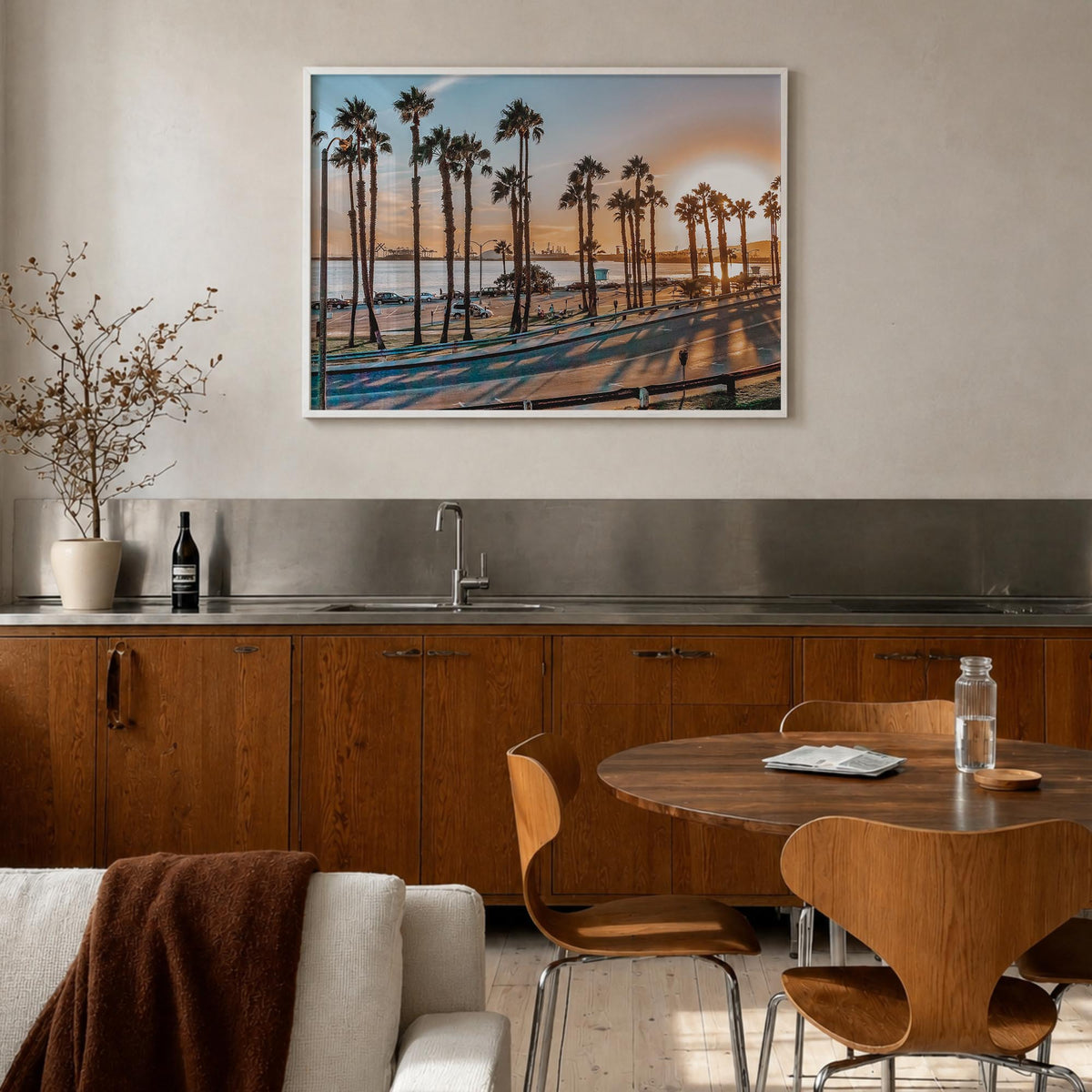 Long Beach colorful photo poster of California, USA – horizontal wall art in white wood frame, hanging on wall
