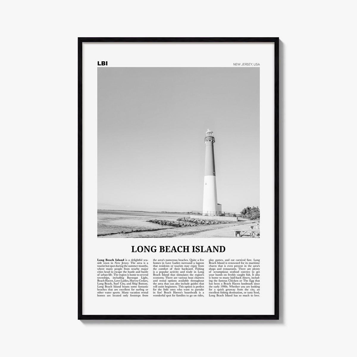 Long Beach Island black & white newspaper poster of New Jersey, USA – vertical wall art, unframed print shown in interior moc