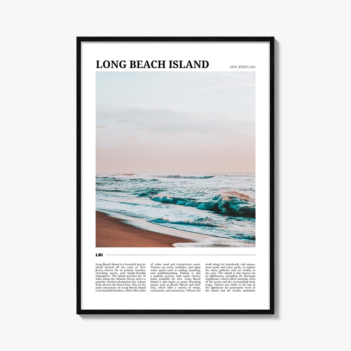 Long Beach Island no. 1 colorful travel poster of New Jersey, USA – vertical wall art, unframed print shown in interior mocku