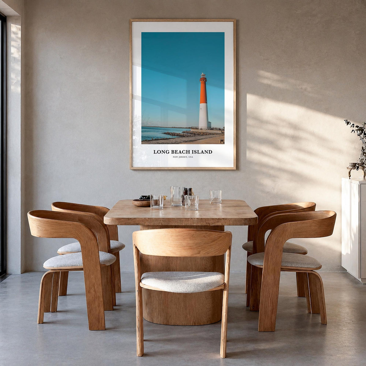 Long Beach Island no. 2 colorful classic poster of New Jersey, USA – vertical wall art in natural wood frame, hanging on wall