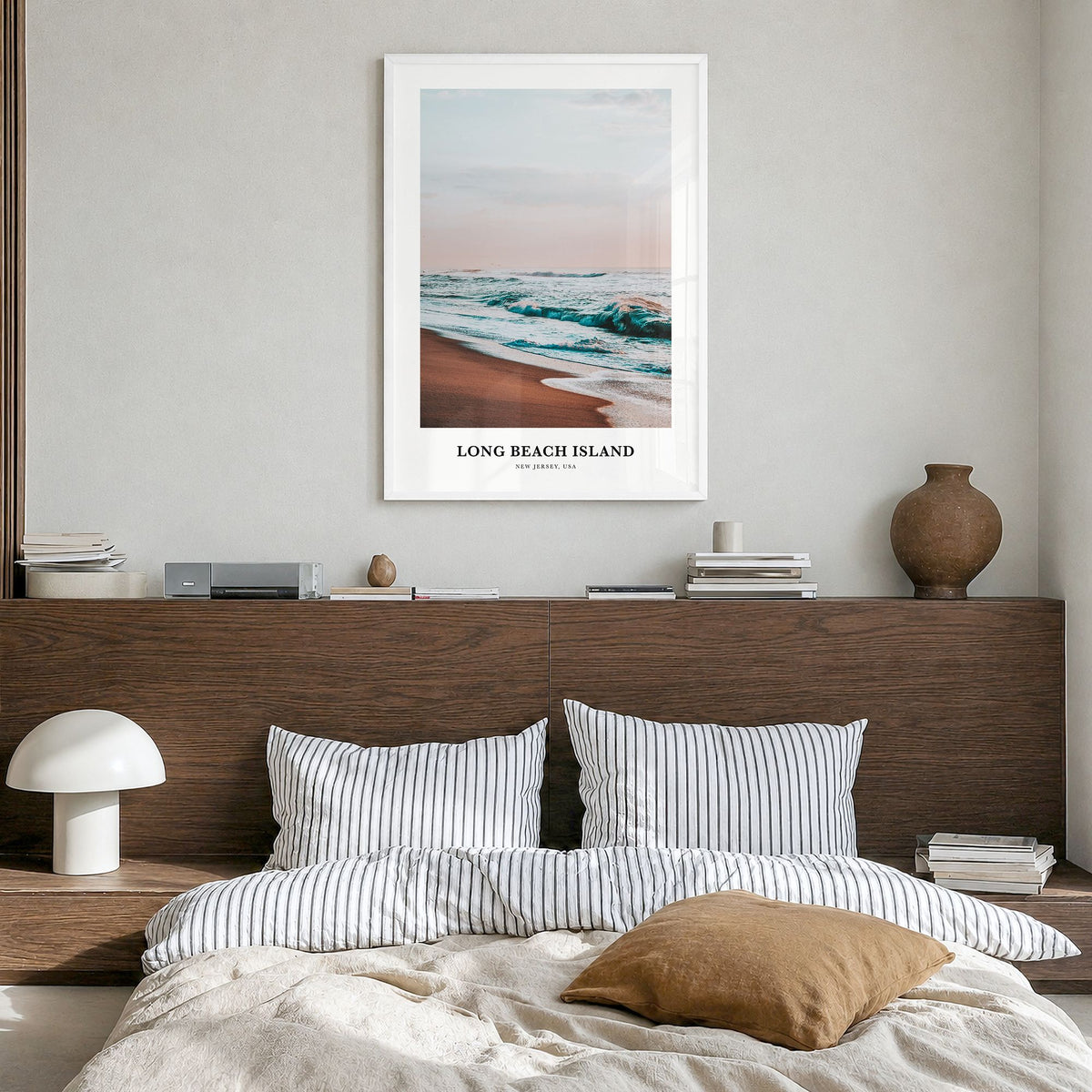 Long Beach Island Classic No 1 Poster in a white wood frame, hanging in a bedroom