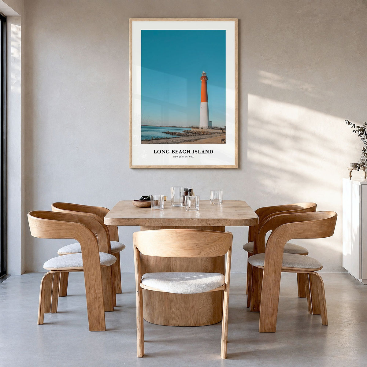 Long Beach Island Classic No 2 Poster in a natural wood frame, hanging in a dining room