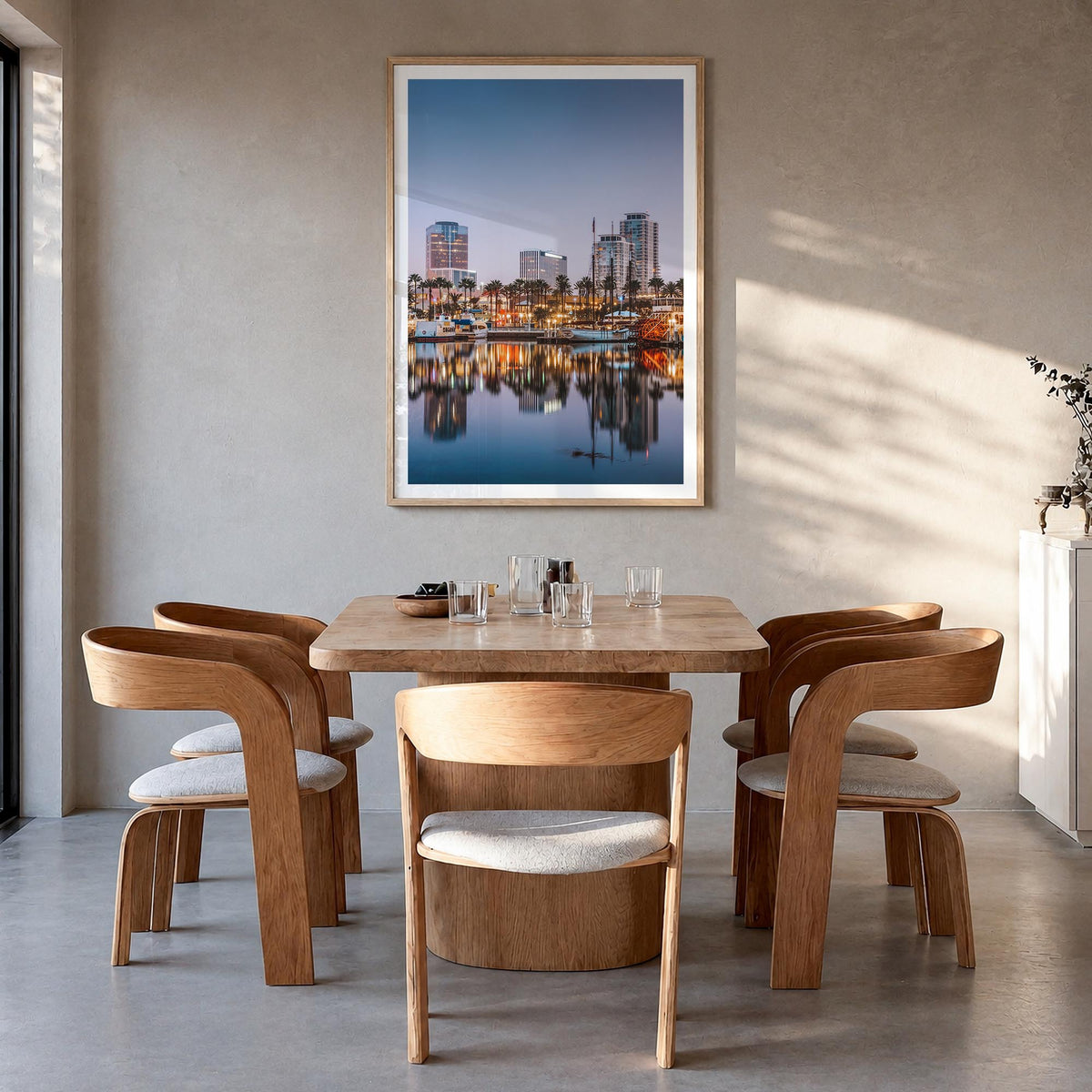Long Beach no. 1 colorful photo poster of California, USA – vertical wall art in natural wood frame with white border, hangin