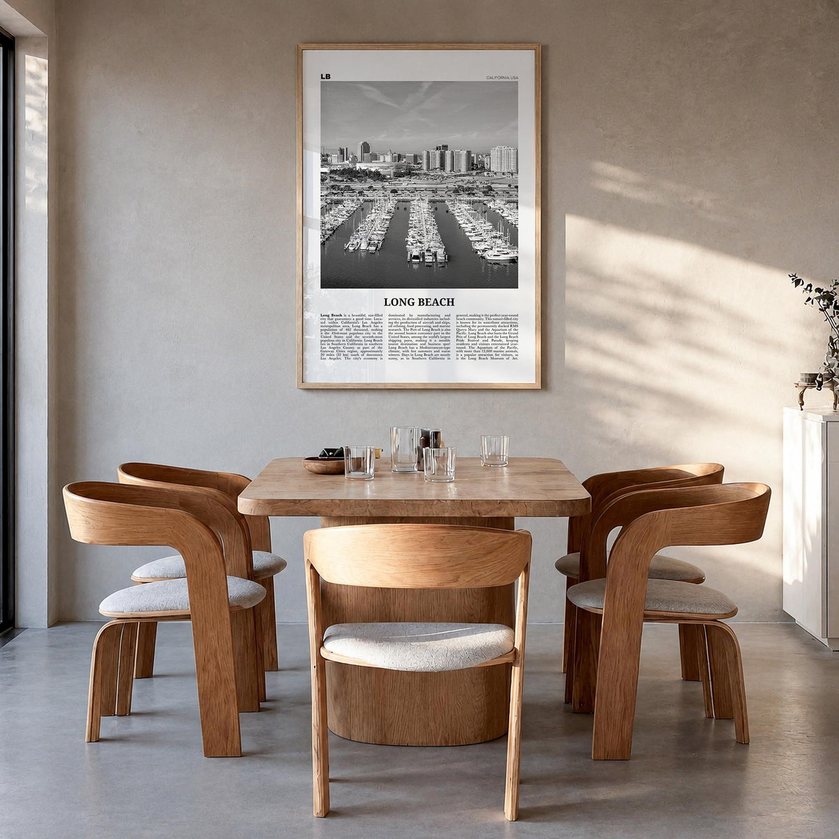 Long Beach no. 2 black & white newspaper poster of California, USA – vertical wall art in natural wood frame, hanging on wall