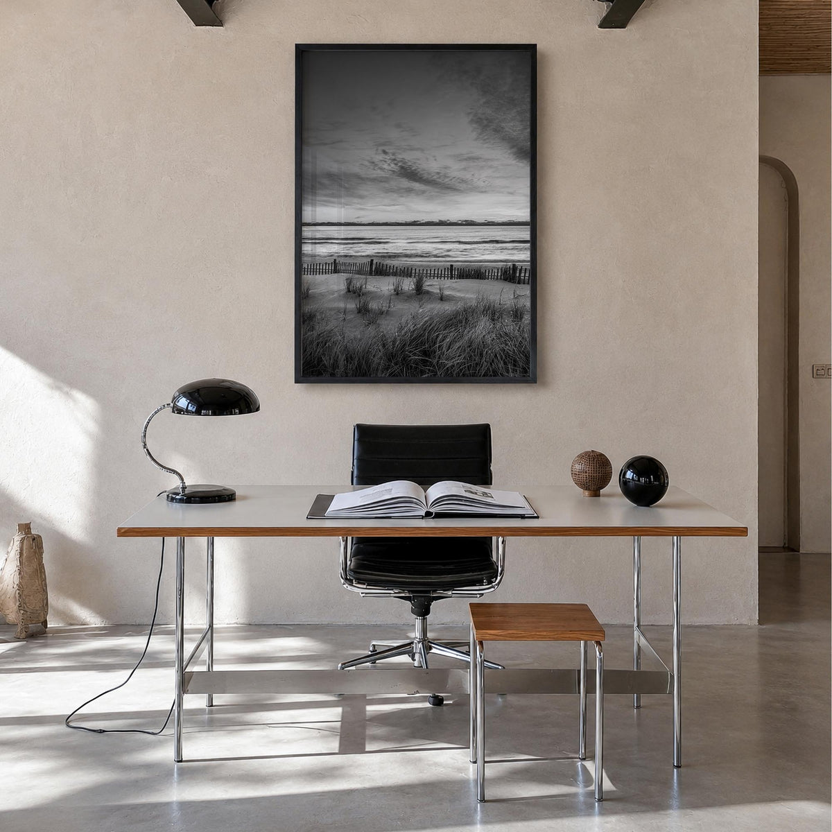 Long Beach no. 2 black & white photo poster of California, USA – vertical wall art in black wood frame, hanging on wall