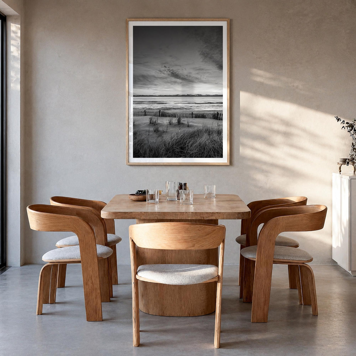 Long Beach no. 2 black & white photo poster of California, USA – vertical wall art in natural wood frame with white border, h