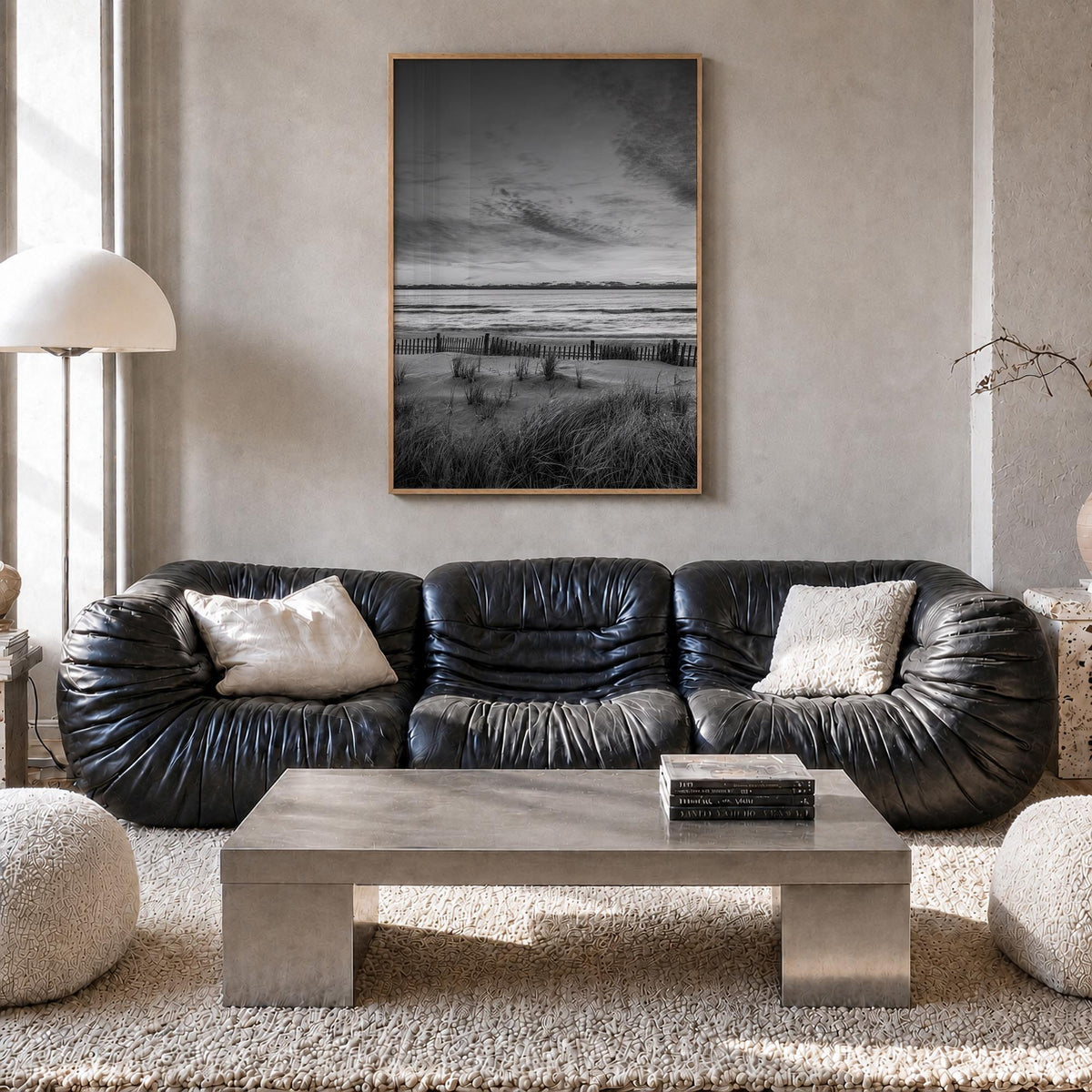 Long Beach no. 2 black & white photo poster of California, USA – vertical wall art in natural wood frame, hanging on wall