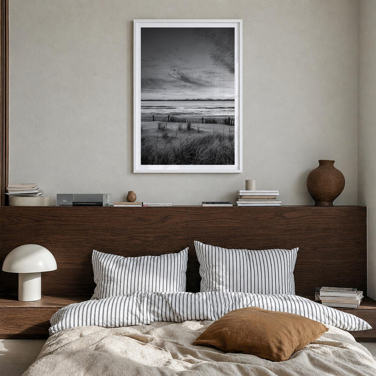 Long Beach no. 2 black & white photo poster of California, USA – vertical wall art in white wood frame with white border, han