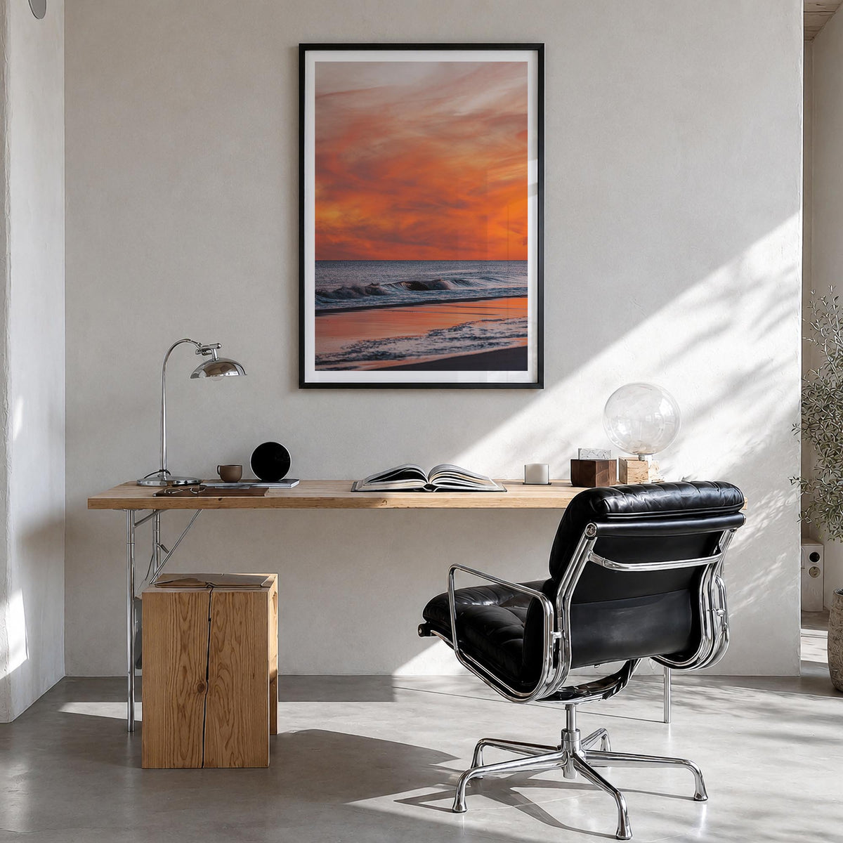 Long Beach no. 3 colorful photo poster of California, USA – vertical wall art in black wood frame with white border, hanging