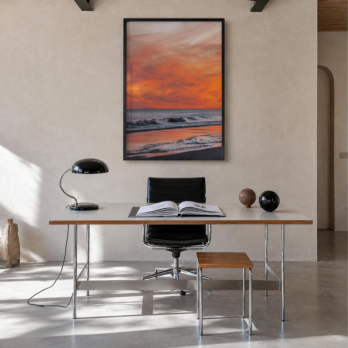 Long Beach no. 3 colorful photo poster of California, USA – vertical wall art in black wood frame, hanging on wall