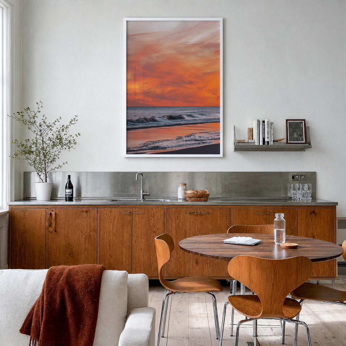 Long Beach no. 3 colorful photo poster of California, USA – vertical wall art in white wood frame, hanging on wall