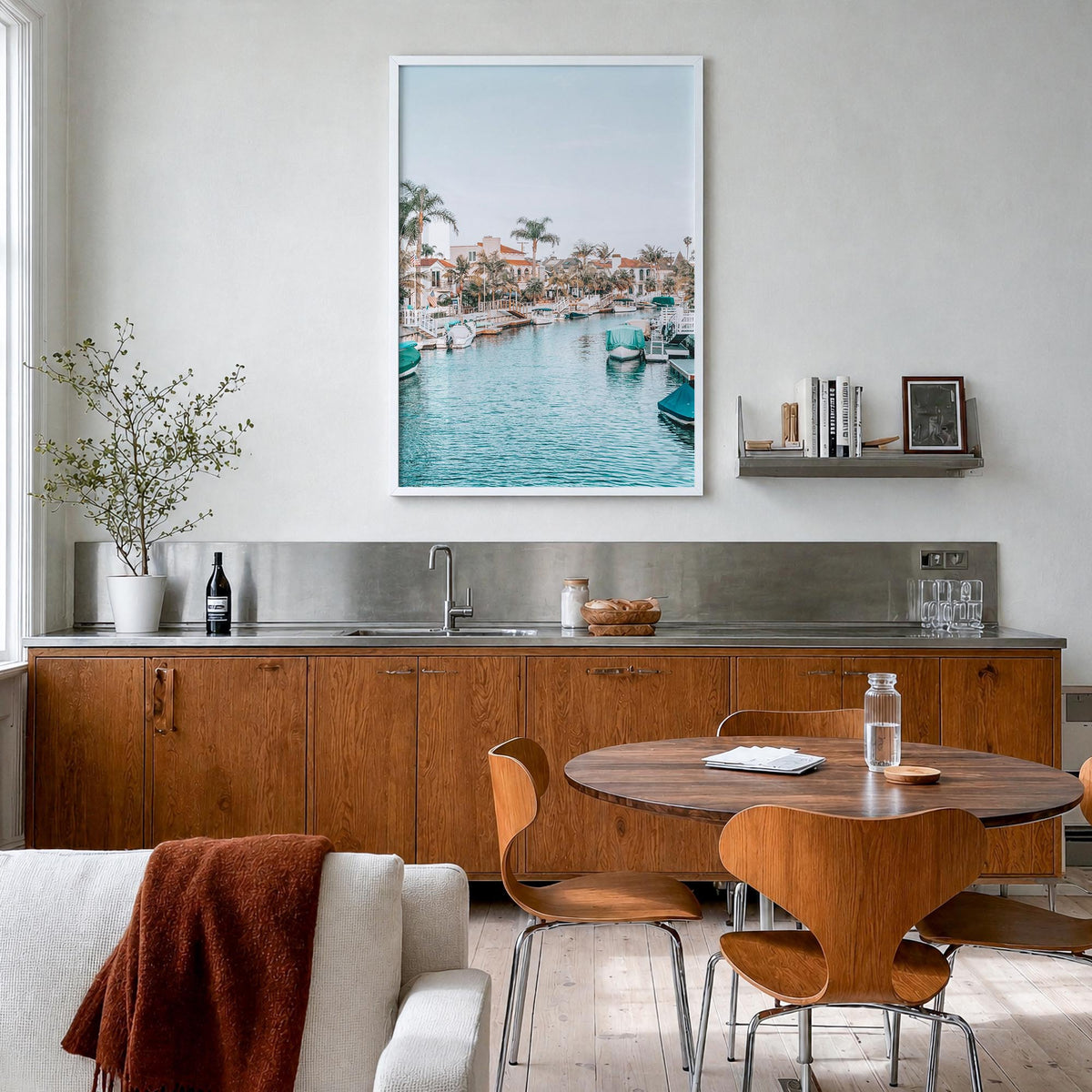 Long Beach no. 4 colorful photo poster of California, USA – vertical wall art in white wood frame, hanging on wall