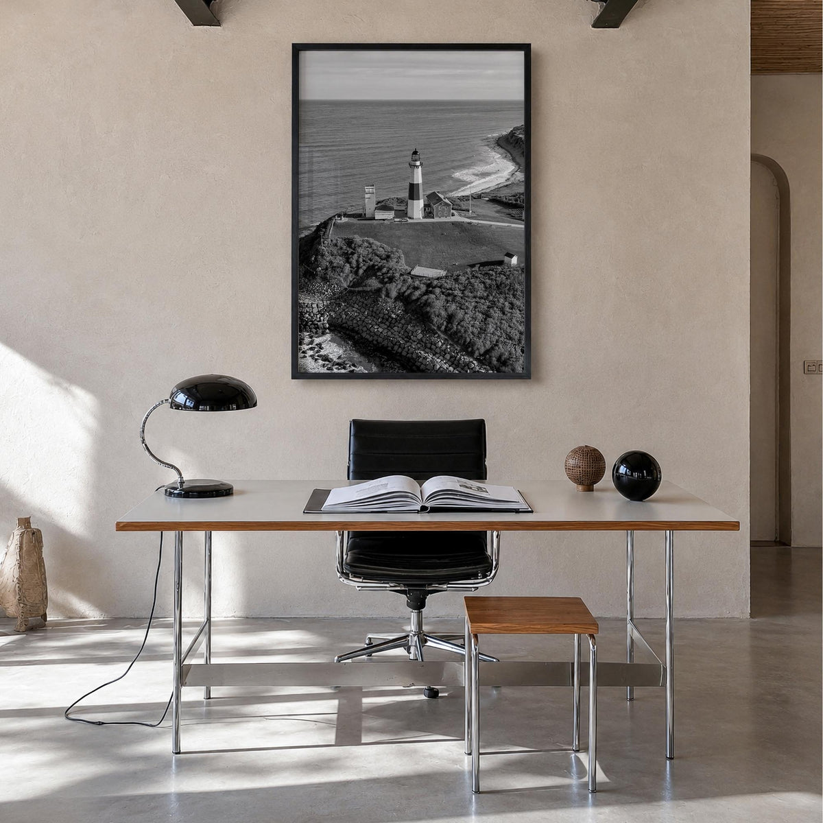 Long Island black & white photo poster of New York, USA – vertical wall art in black wood frame, hanging on wall