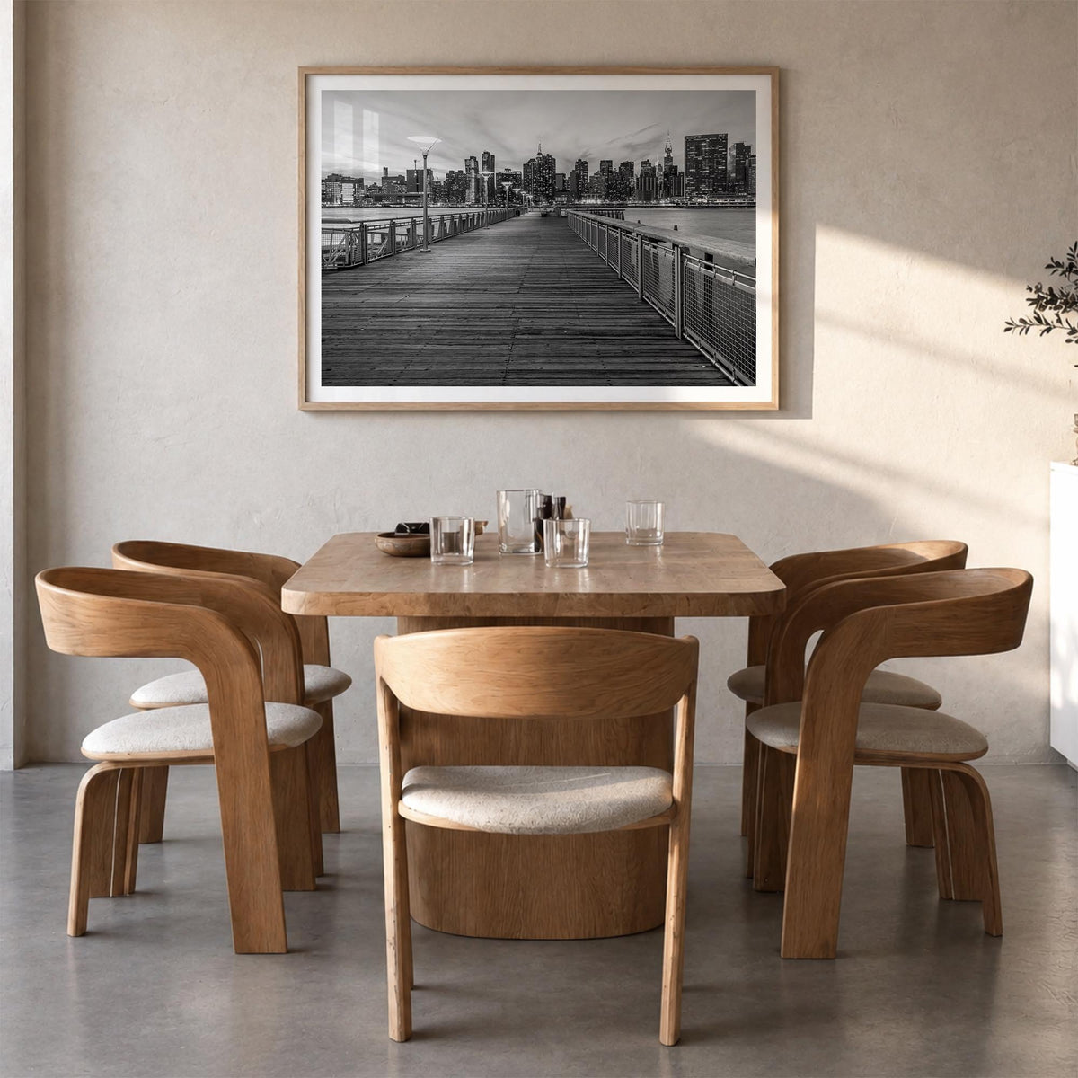 Long Island black & white photo poster of New York, USA – horizontal wall art in natural wood frame with white border, hangin
