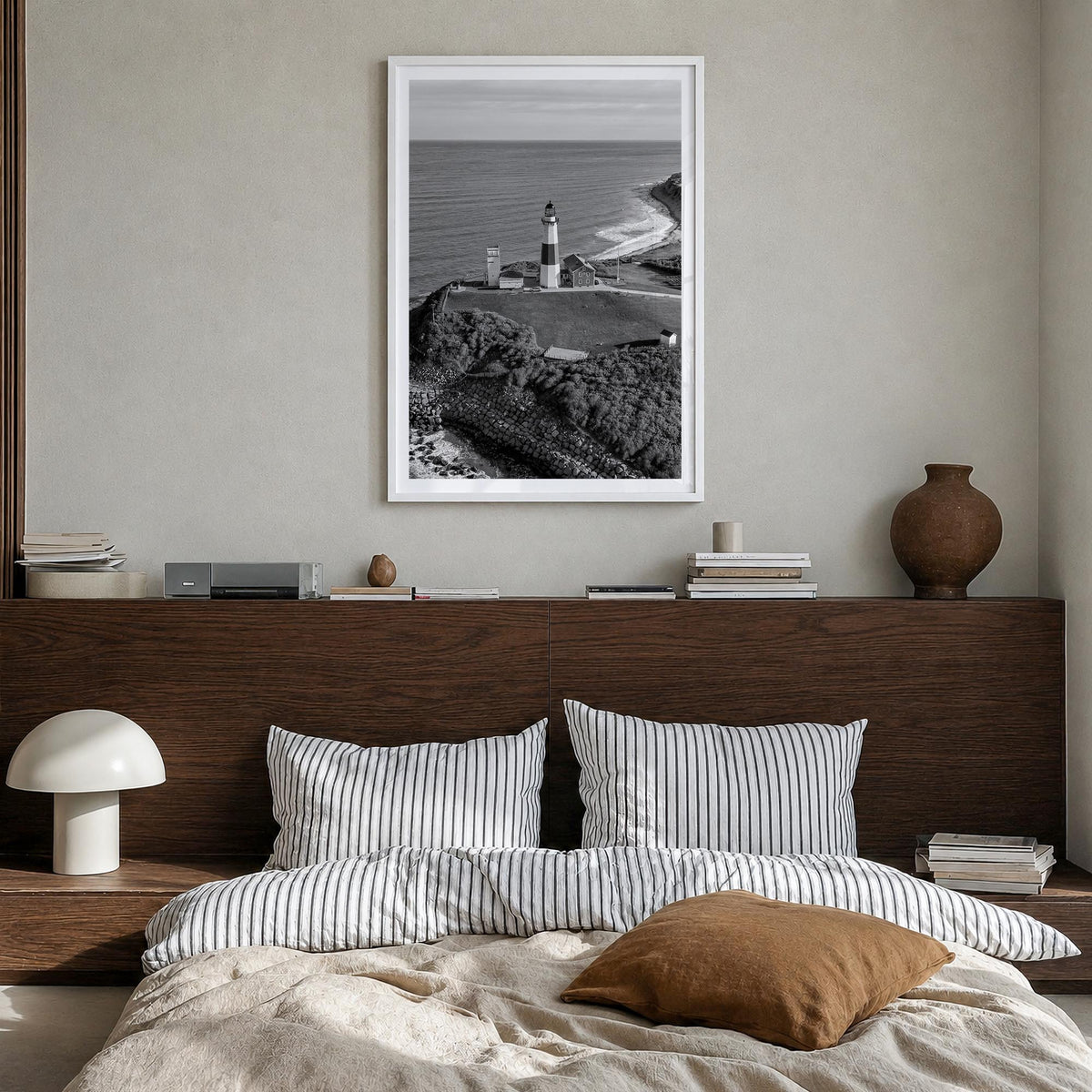 Long Island black & white photo poster of New York, USA – vertical wall art in white wood frame with white border, hanging on