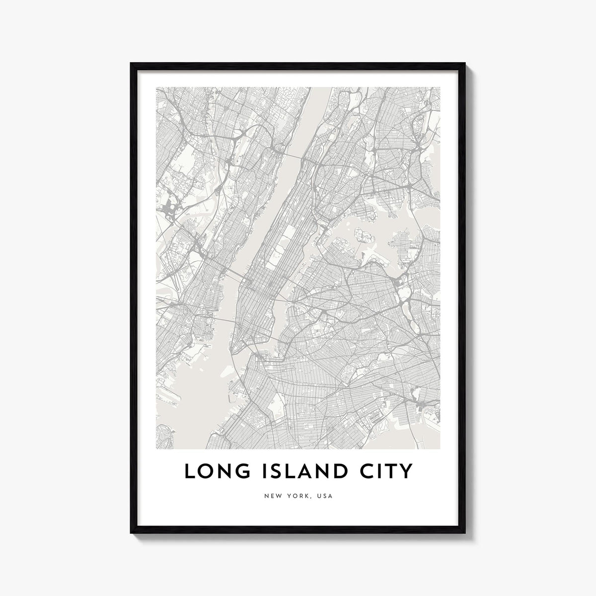 Long Island City black & white map poster of Queens, New York City – vertical wall art, unframed print shown in interior mock