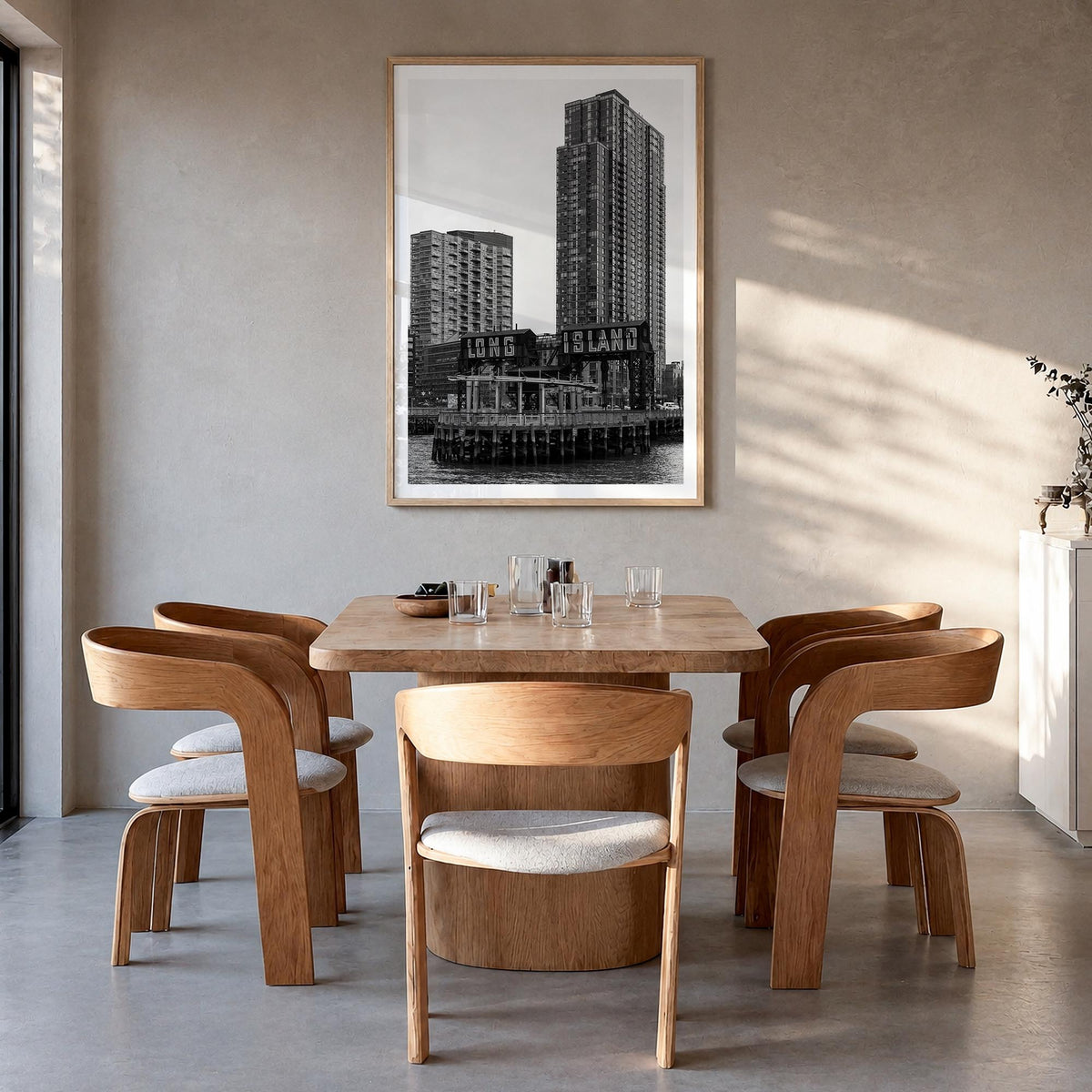 Long Island City black & white photo poster of Queens, New York City – vertical wall art in natural wood frame with white bor