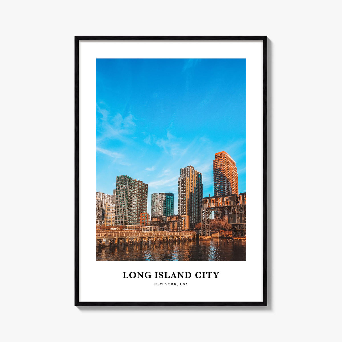 Long Island City colorful classic poster of Queens, New York City – vertical wall art, unframed print shown in interior mocku