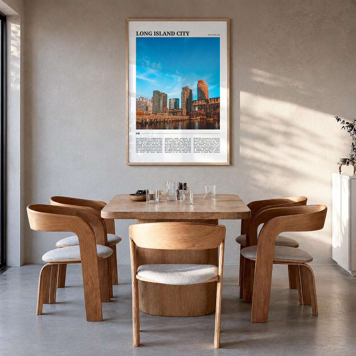 Long Island City colorful travel poster of Queens, New York City – vertical wall art in natural wood frame, hanging on wall