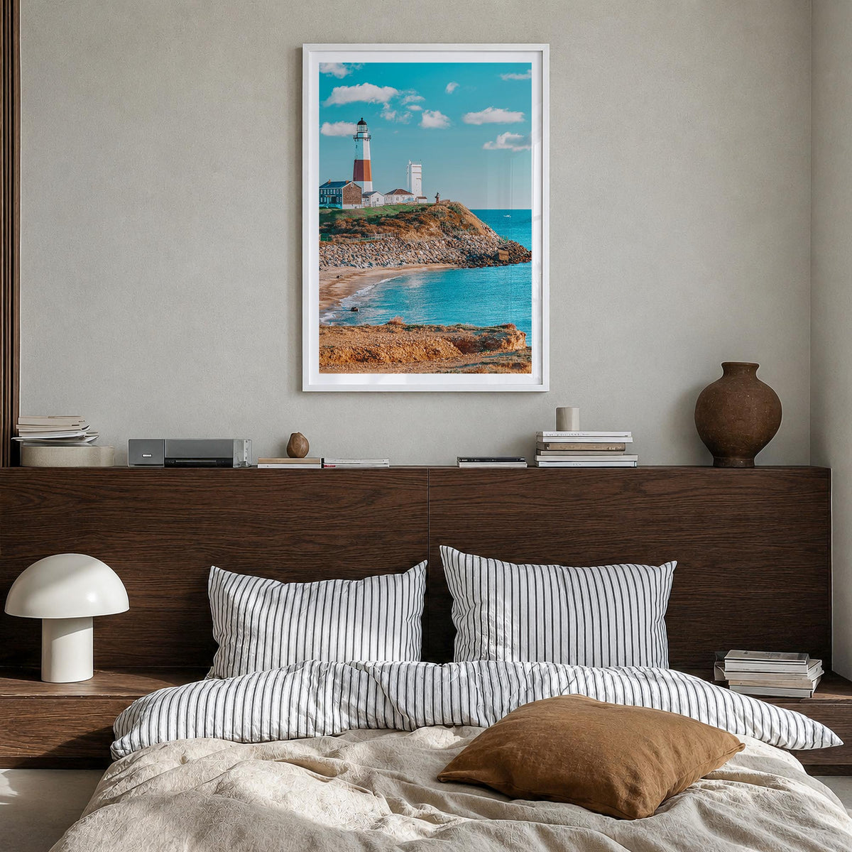 Long Island no. 1 colorful photo poster of New York, USA – vertical wall art in white wood frame with white border, hanging o