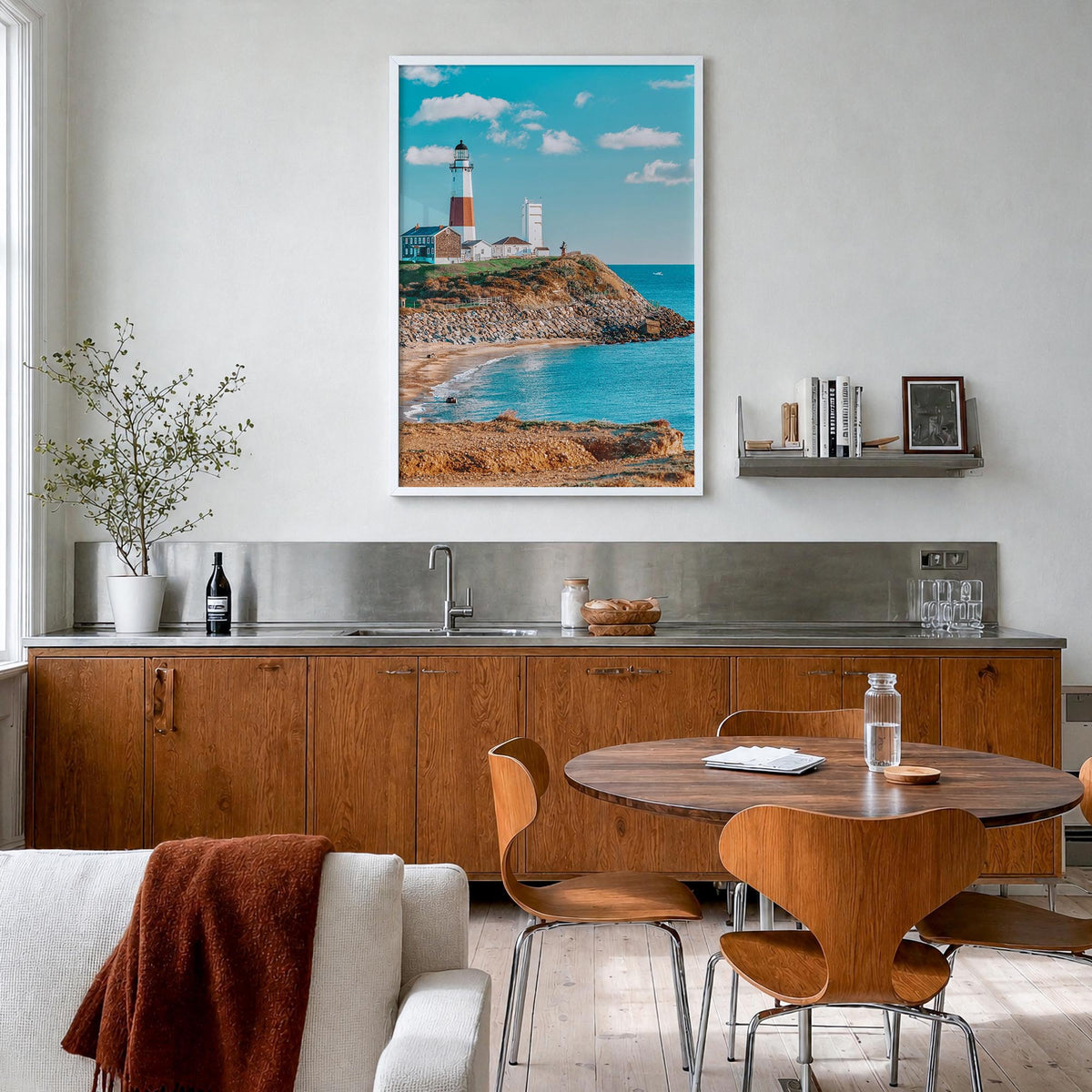 Long Island no. 1 colorful photo poster of New York, USA – vertical wall art in white wood frame, hanging on wall