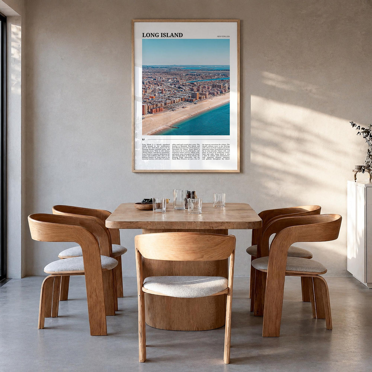 Long Island no. 1 colorful travel poster of New York, USA – vertical wall art in natural wood frame, hanging on wall