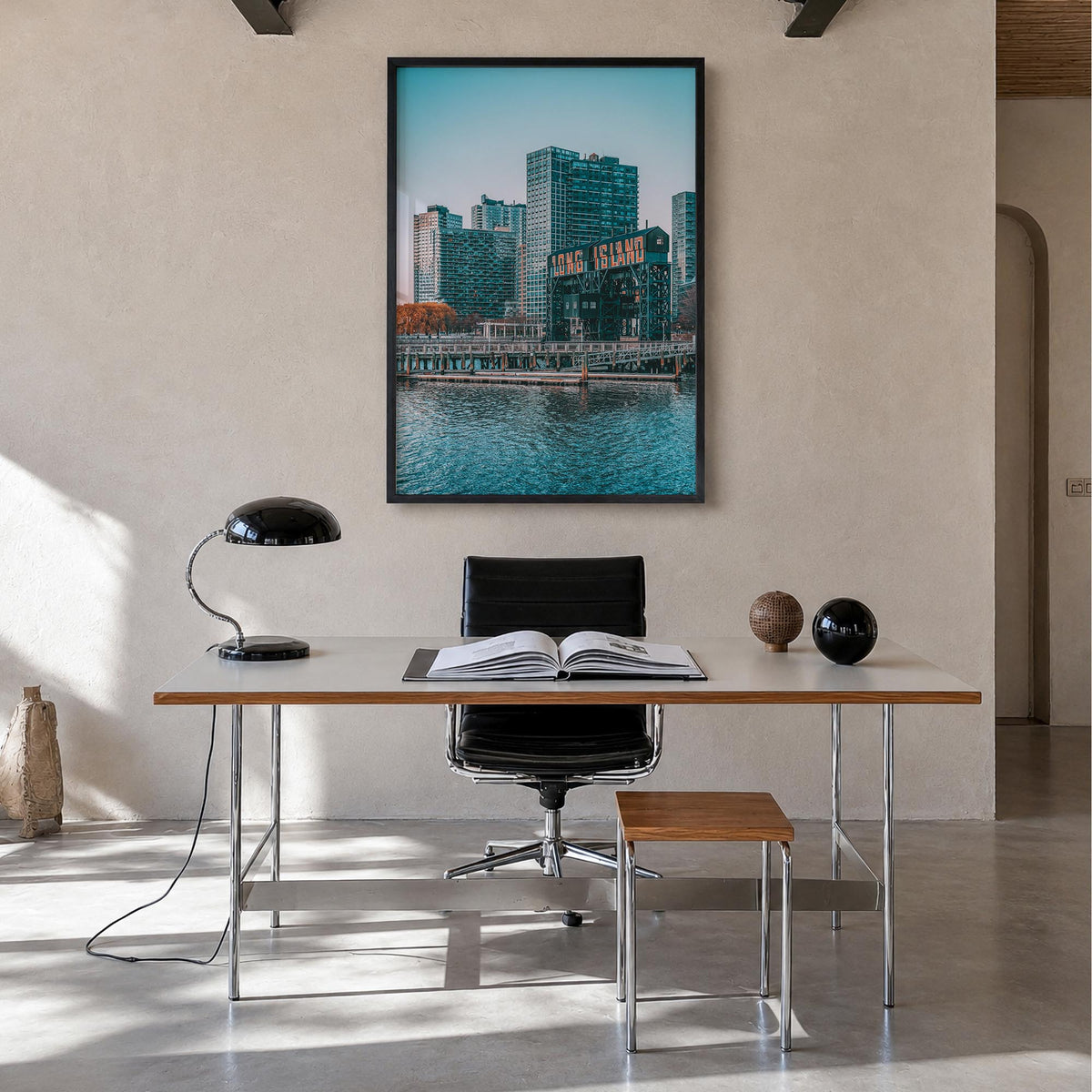 Long Island no. 2 colorful photo poster of New York, USA – vertical wall art in black wood frame, hanging on wall