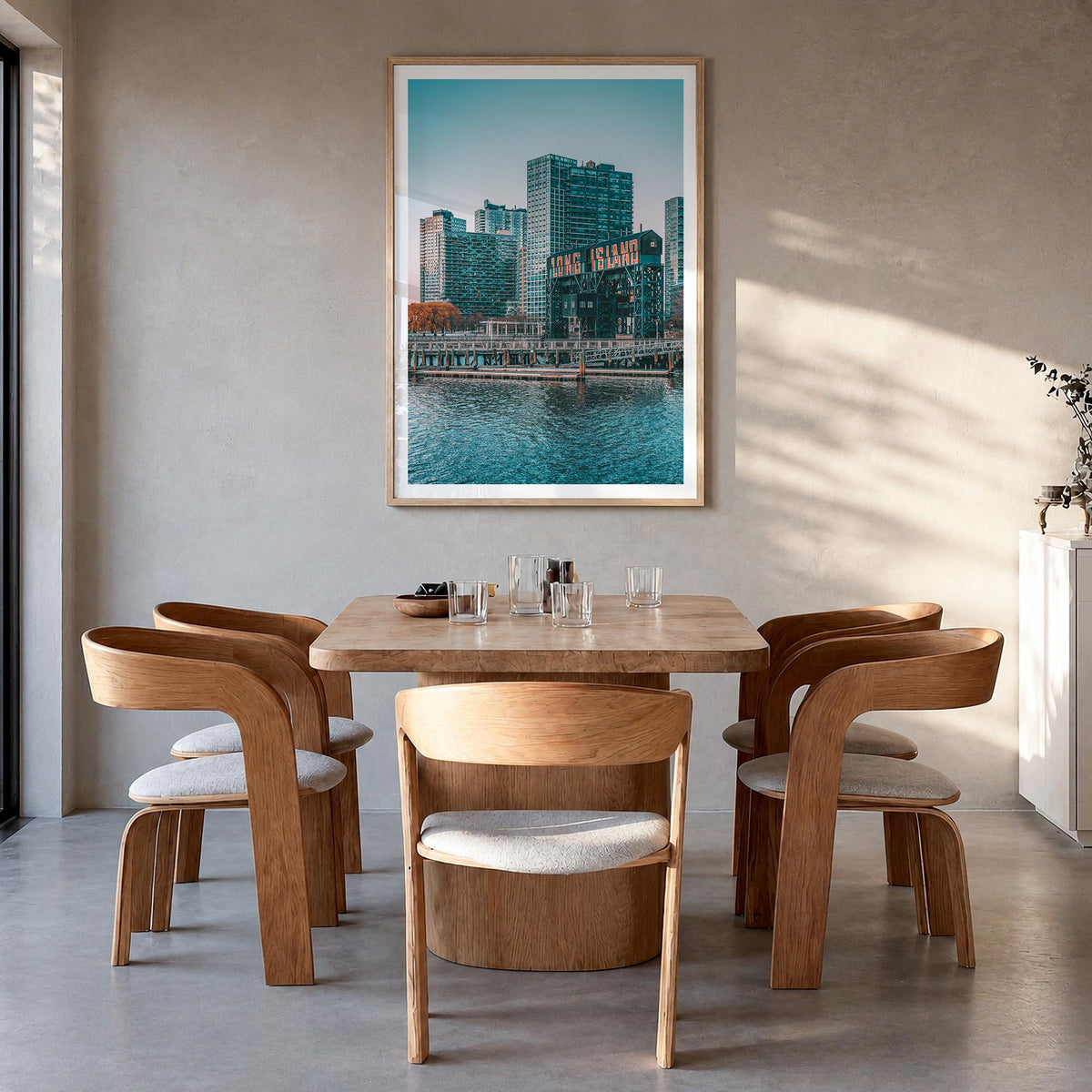 Long Island no. 2 colorful photo poster of New York, USA – vertical wall art in natural wood frame with white border, hanging